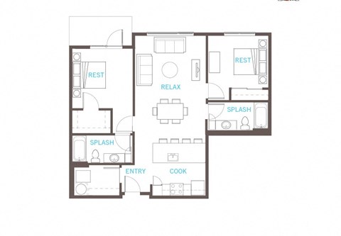 Floor plan for 2 beds, 2 baths, 1028 sqft